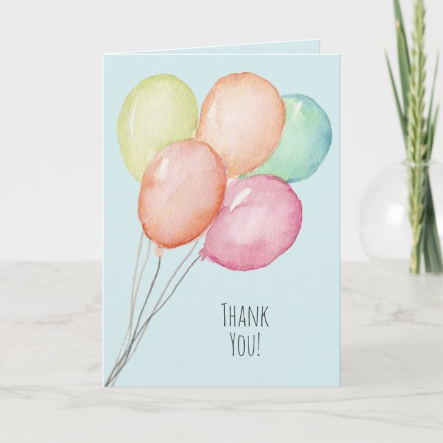 Watercolor Balloons on Blue Thank You Card (Front)