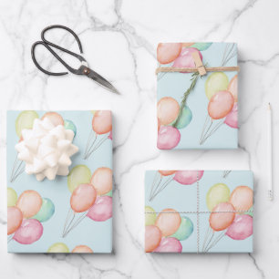Watercolor Balloons on Blue Wrapping Paper Sheet