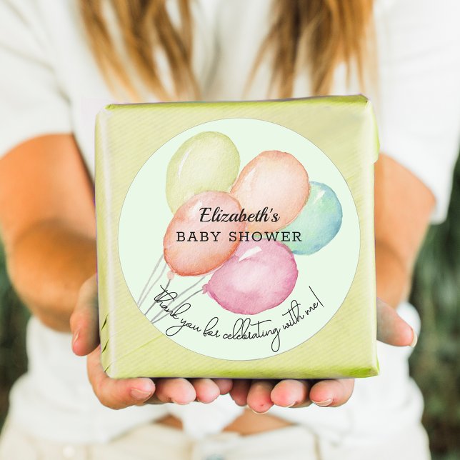 Watercolor Balloons on Green Baby Shower Classic Round Sticker (Watercolor balloons on pale green unisex baby shower round favor stickers)