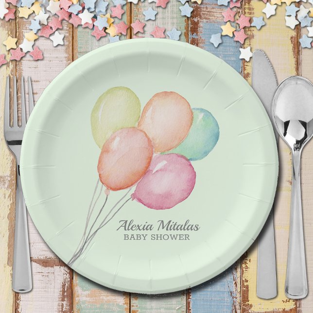 Watercolor Balloons on Green Baby Shower Paper Plate (Watercolor Balloons on Mint Green Unisex Baby Shower  Paper Plates)