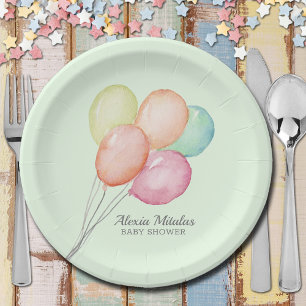 Watercolor Balloons on Mint Baby Shower Invitation Paper Plate