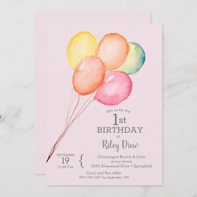 Watercolor Balloons Pink 1st Birthday Invites (Front/Back)