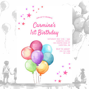Watercolor Balloons Rainbow 1st Birthday Invitation