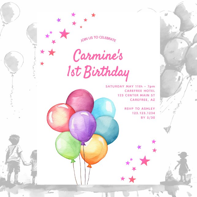 Watercolor Balloons Rainbow 1st Birthday Invitation (Creator Uploaded)