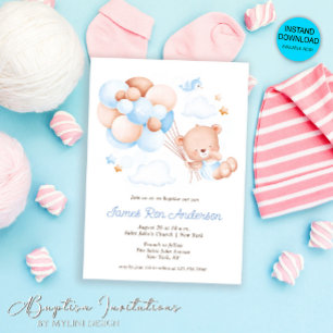 Watercolor Balloons Teddy Bear Boy Baptism Invitation