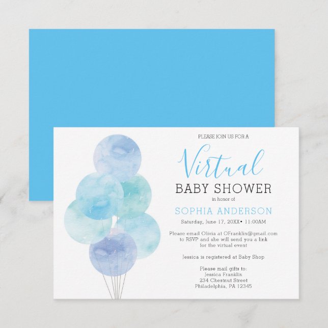 Watercolor Balloons Virtual Baby Shower Invitation (Front/Back)