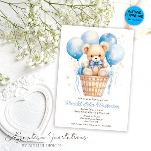 Watercolor Balloons with Teddy Bear Boy Baptism Invitation