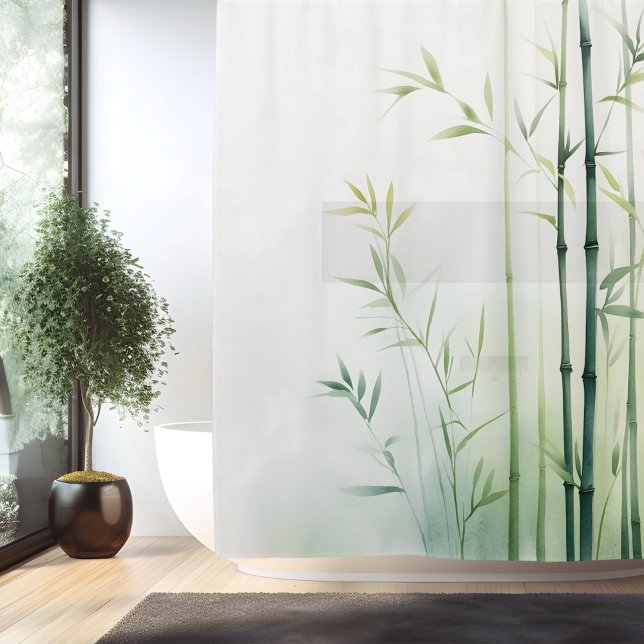 Watercolor Bamboo Forest Retreat Japanese Style Shower Curtain (Creator Uploaded)
