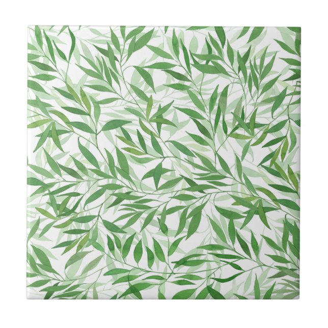 Watercolor Bamboo Leaf Branches Vines Forest Ceramic Tile (Front)