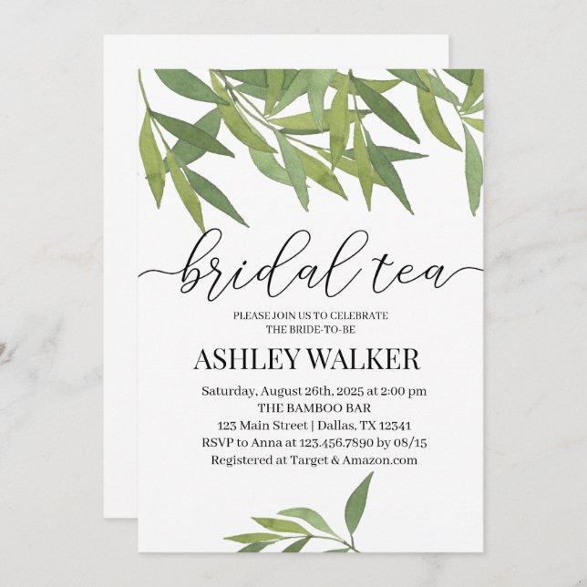 Watercolor Bamboo Leaves Bridal Shower Invitation (Front/Back)