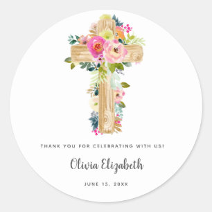 Watercolor Baptism Floral Cross Christening Classic Round Sticker