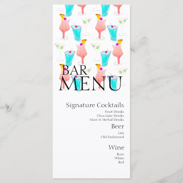 Watercolor Bar Drink Cocktail Wine Wedding  Menu (Front)
