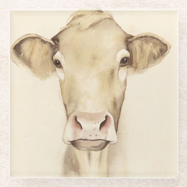 Watercolor Barn Animals | Cow Glass Coaster (Front)