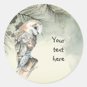 Watercolor Barn Owl Bird art Your Text Classic Round Sticker