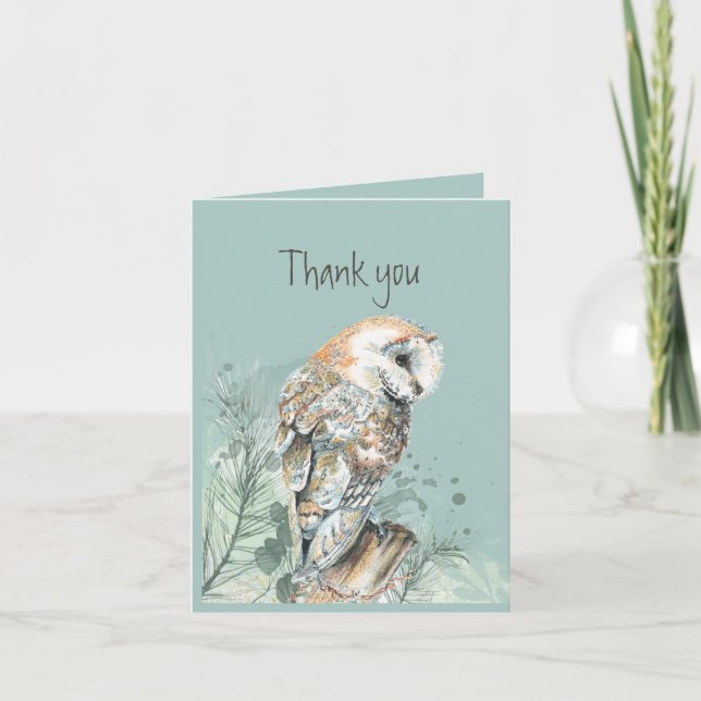 Watercolor Barn Owl Bird Thank you Card (Front)