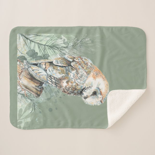 Watercolor Barn Owl Bird Wildlife Nature Art Sherpa Blanket (Front (Horizontal))