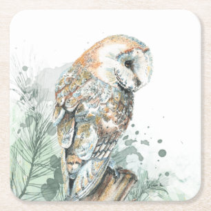 Watercolor Barn Owl Bird Wildlife Nature Art Square Paper Coaster