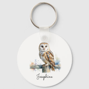 Watercolor Barn Owl Elegant Personalized Name Key Ring