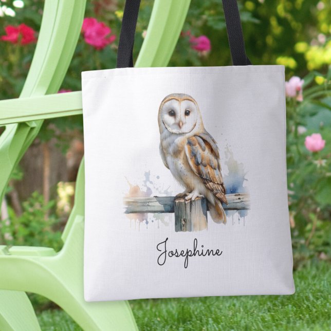 Watercolor Barn Owl Personalised Reusable Tote Bag (A personalized tote bag with picture of a barn owl in a watercolor style)