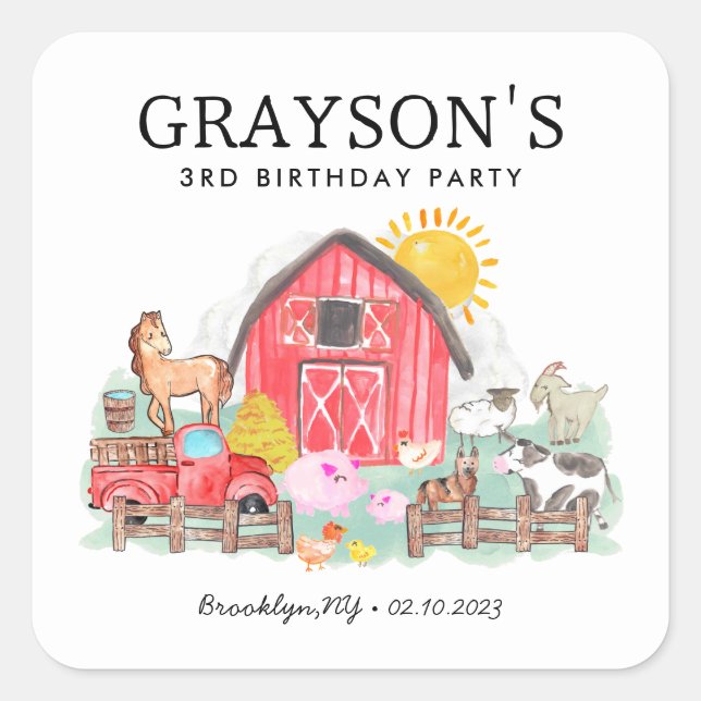 Watercolor Barnyard Animals Kids Farm Birthday Square Sticker (Front)