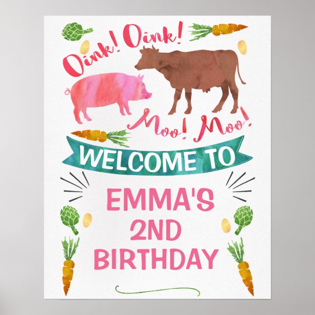Watercolor Barnyard Farm Themed Birthday Poster (Front)