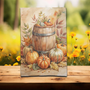 Watercolor Barrel with Pumpkins Fall Tea Towel