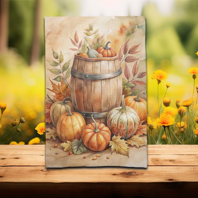 Watercolor Barrel with Pumpkins Fall Tea Towel (Creator Uploaded)