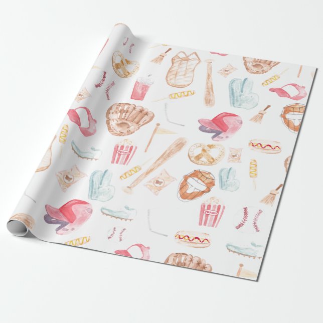 Watercolor Baseball Wrapping Paper (Unrolled)