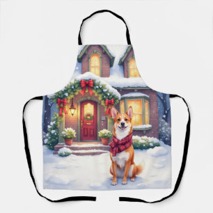 Watercolor Basenji Townhouse Christmas Holiday Apron