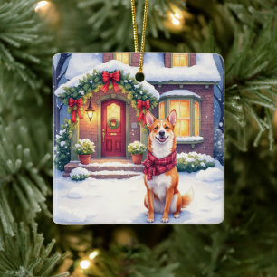 Watercolor Basenji Townhouse Christmas Holiday Ceramic Ornament
