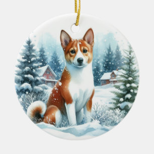 Watercolor Basenji Winter Wonderland Scene Ceramic Ornament