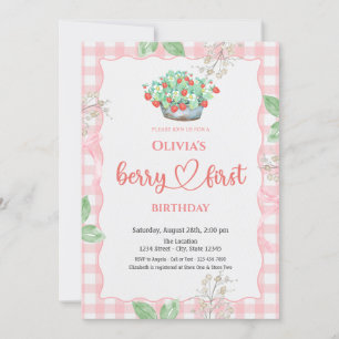 Watercolor Basket Strawberries Summer 1st Birthday Invitation
