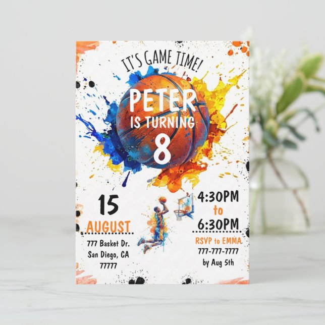 Watercolor Basketball Birthday Invitation (Standing Front)