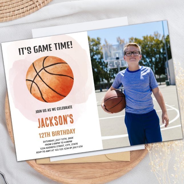 Watercolor Basketball Birthday Invitation (Watercolor Basketball Birthday Invitations w photo)