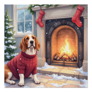 Watercolor Basset Hound Cozy Fireplace Christmas Poster