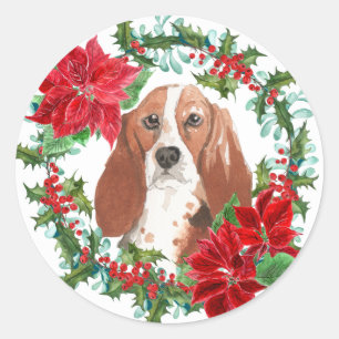 Watercolor Basset Hound Poinsettia Holiday Wreath Classic Round Sticker