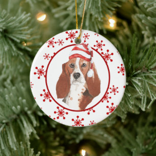 Watercolor Basset Hound Santa Hat Snowflake Ceramic Ornament