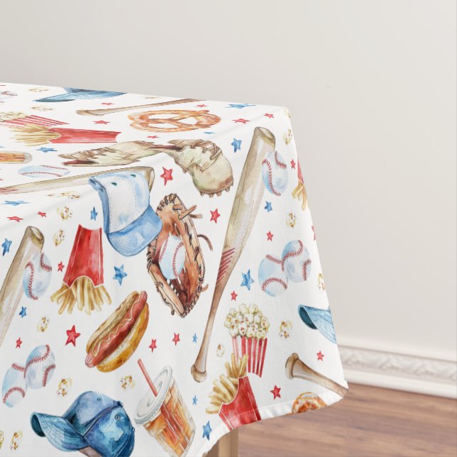Watercolor Batter Up Baseball Birthday Party Table Tablecloth (In Situ)