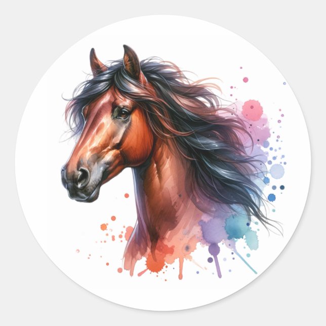Watercolor Bay Horse Classic Round Sticker (Front)