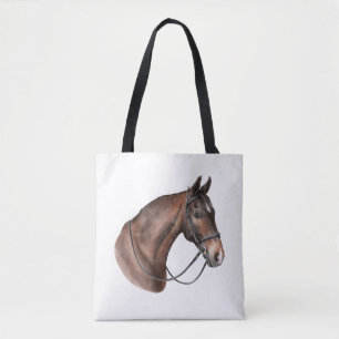 Watercolor Bay horse head in a bridle Tote Bag
