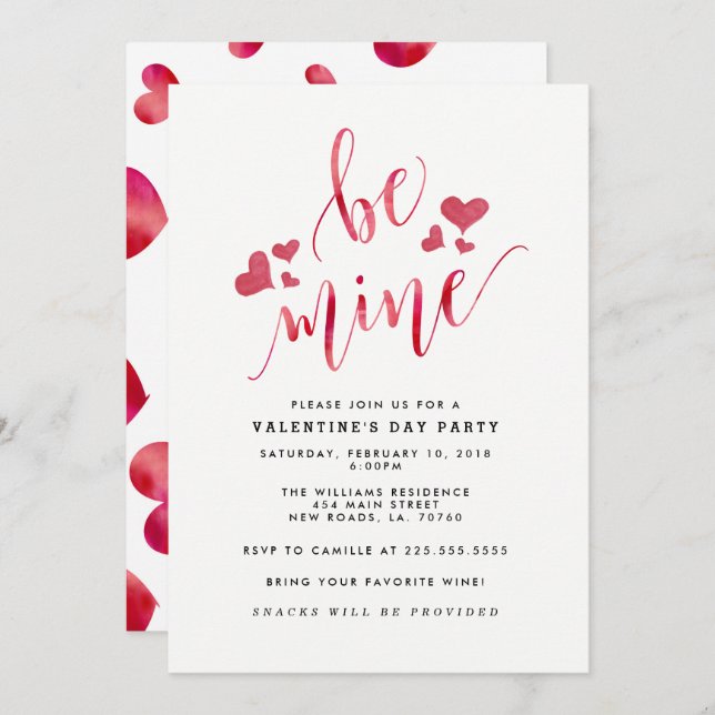 Watercolor Be Mine Valentine's Party Invitations (Front/Back)