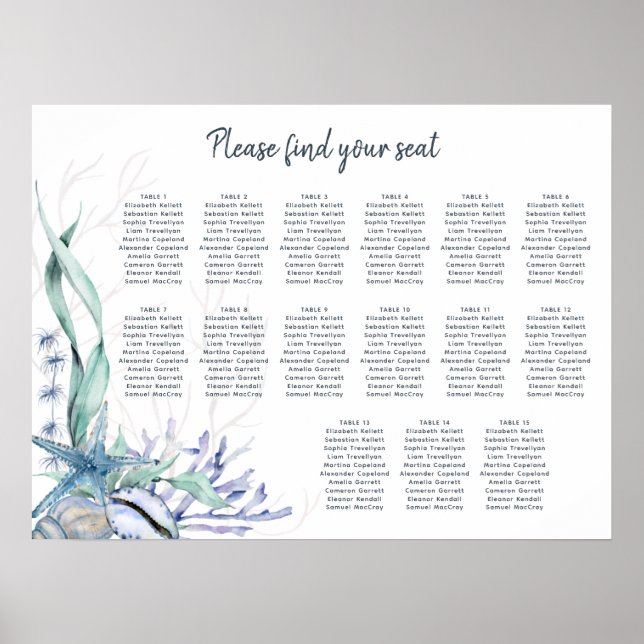 Watercolor Beach 15 Table Wedding Seating Chart (Front)