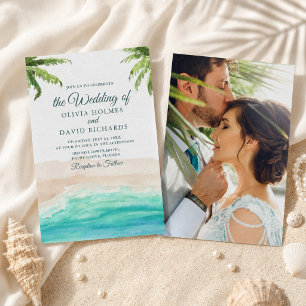 Watercolor Beach and Palm Trees Photo Wedding Invitation