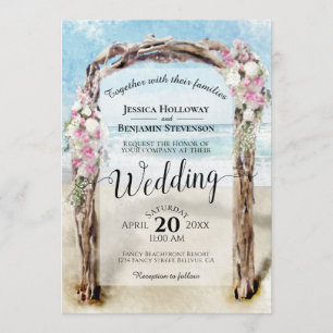 Watercolor Beach Arbor Pink & White Roses Wedding Invitation