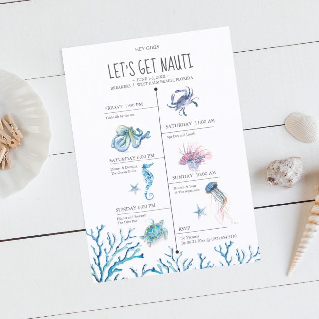 Watercolor Beach Bachelorette Party Itinerary (Bachelorette party invitations weekend itinerary beach art by Victoria Grigaliunas DoTellABelle)