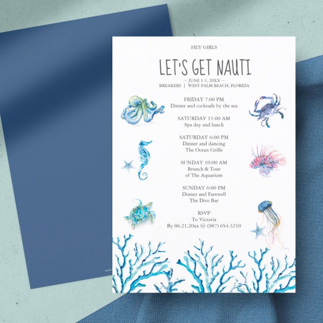 Watercolor Beach Bachelorette Party Itinerary (bachelorette party invitation beach watercolor art by Victoria Grigaliunas)