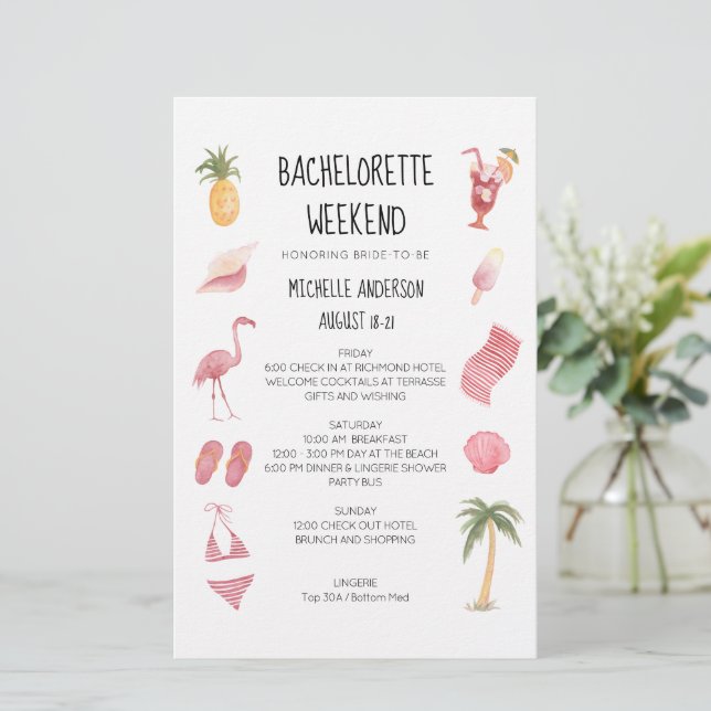 Watercolor Beach Bachelorette Weekend Itinerary (Standing Front)