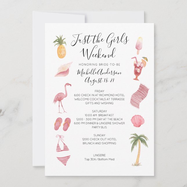 Watercolor Beach Bachelorette Weekend Itinerary Invitation (Front)