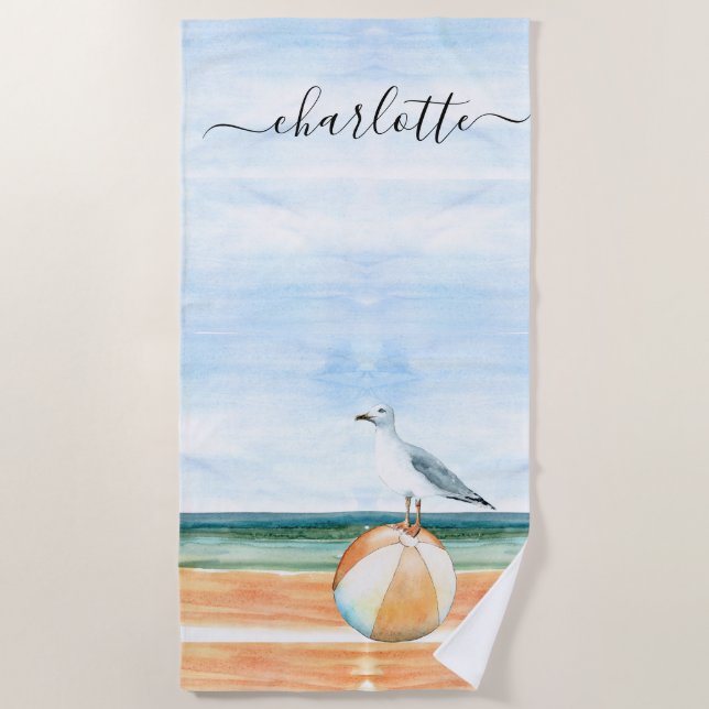Watercolor Beach Beach Ball Sea Gull Towel (Front)