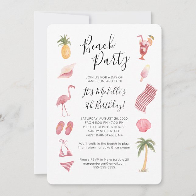 Watercolor Beach Birthday Party Invitation (Front)